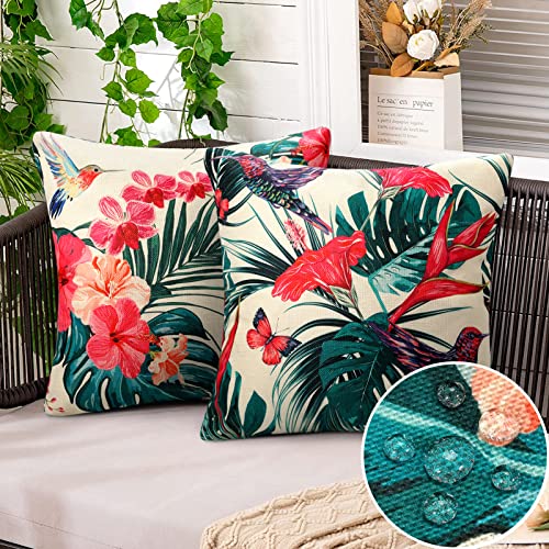 Federe Cuscini Divano 40 x 40 CM Impermeabile Esterno Federe Cuscino Decorativi Copricuscini Divano Fiori Colorata Foglia di Monstera Lino Federe Cuscini Per Soggiorno Giardino Terrazza 2 Pezzi
