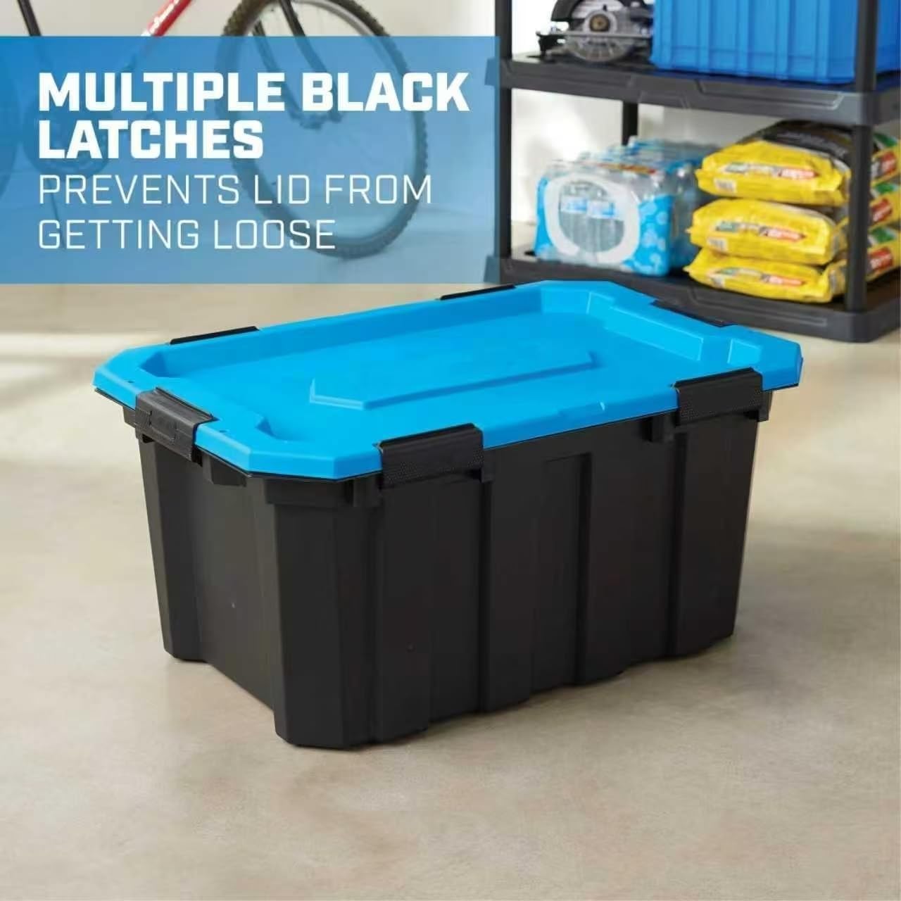 24 Gallon Water Resistant Heavy Duty Storage Bin with Gasket Seal Lid & 6 Latching Closures – Black/Blue Dust Proof Tote for Power Tools, Lasers, Truck Transport, Stackable