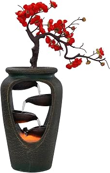 Tabletop Fountain, Flower Vase Waterfal, Meditation Fountain, Table Top LED Light Indoor Water Fountain FengShui Decor with Atomizer for Bedroom Desktop and Office Home Decor