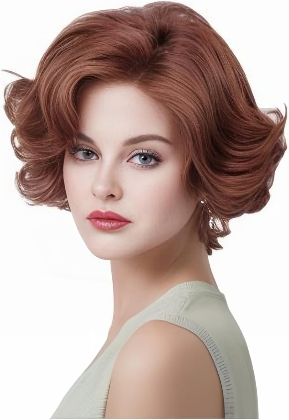 Ginger Short Wavy Wigs with Bangs Curly Auburn Hair Wig Synthetic Wigs for Women for Cosplay or Halloween