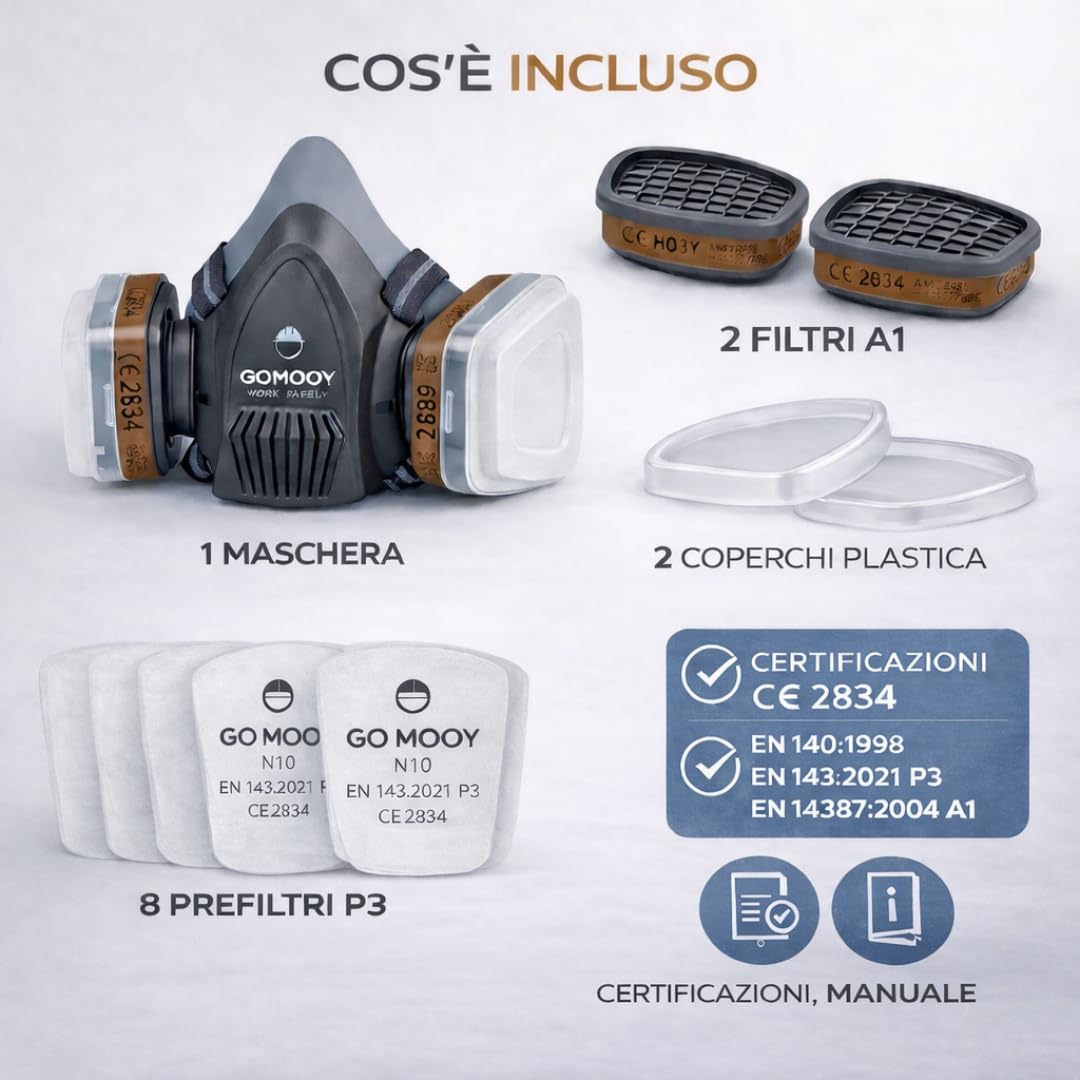 Goomoy Maschera Antigas Semimaschera Riutilizzabile con Doppio Filtro ai Carboni Attivi 8 Filtri di Ricambio Inclusi Protezione Gas Vapori Polveri Certificazione CE EN 140 Verniciatura Saldatura