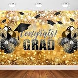 Avezano Congrats Grad Backdrop Black Gold Glitter Graduation Party Decorations Photography Background Class of 2025 Celebration Prom Party Photoshoot Photobooth
