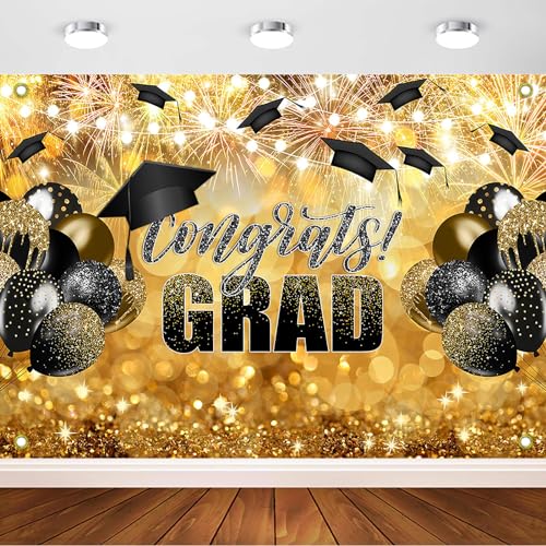 Avezano Congrats Grad Backdrop Black Gold Glitter...
