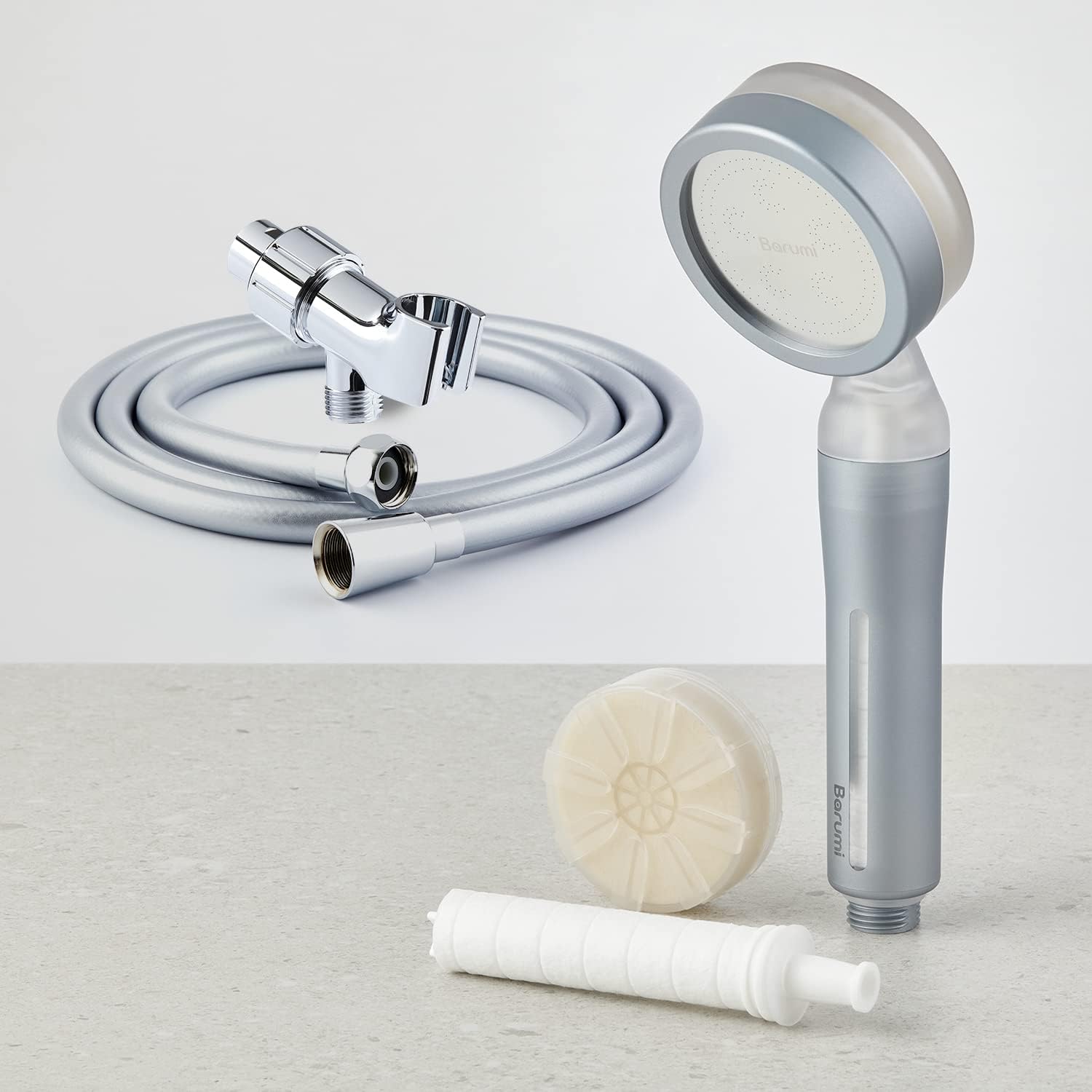 Barumi Pluo Handheld Filtered Showerhead Set (1 Vitamin C & Sediment Filter Included) with PVC Hose, Shower Head Holder - Silver