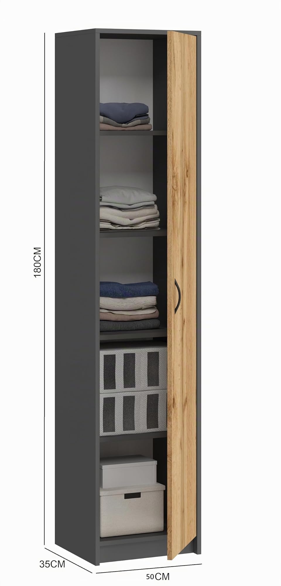 BDW - Armoire étroite - Armoire à vêtements de 50 cm de Largeur et 180,5 cm de Hauteur - Armoire de Rangement à 1 Porte, Armoire Polyvalente pour Chambre à Coucher - Lola Anthracite/Chêne Wotan