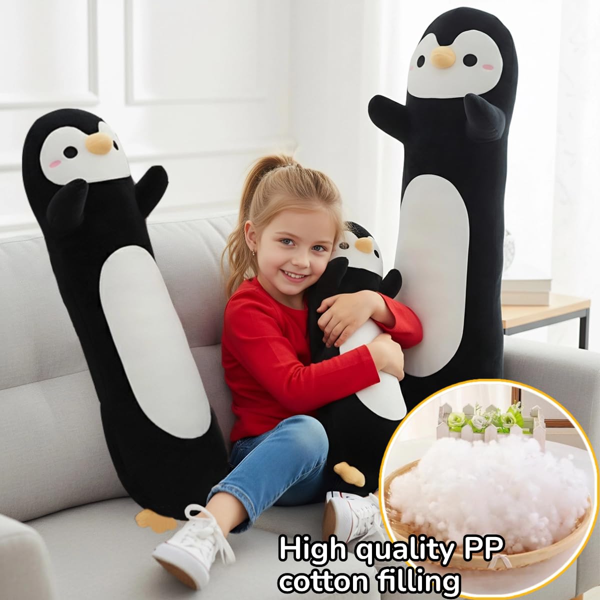 Peluche Longue Pingouin, Oreiller Câlin Doux en Forme de Pingouin, Jouet en Peluche Géante pour Enfants - Cadeau d'anniversaire Garçon Fille (Black, 90cm/35.43in)