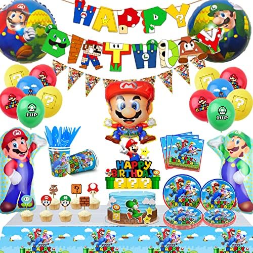 Super Mario Birthday Party Supplies,All-in-One Pack Mario Party Supplies Included Super Mario Bros Balloons Banners Plates Tablecloth Balloons etc Mario Party Decorations for Boys Kids