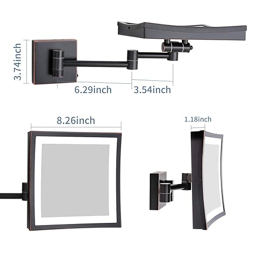 Miniatura 6 de DOWRY Espejo de maquillaje con aumento de 5 luces LED con enchufe, 8 pulgadas, bronce pulido aceitado acabado Dowry1802D-8x5