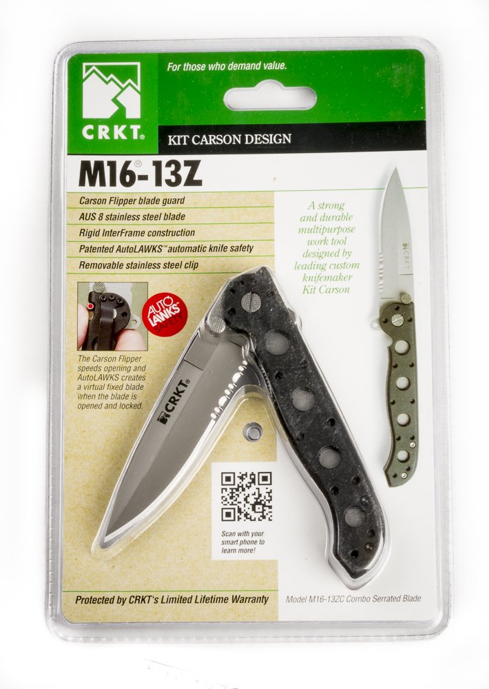CRKT M16-13ZC Folding Pocket Knife: Retail Package, Serrated Edge Blade, Automated Liner Safety, Nylon Handle, Pocket Clip