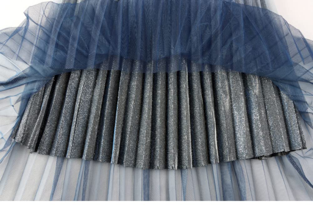 Faldas De Invierno para Mujer, Faldas Plisadas De Malla Degradada Azul Elegante para Mujer Cintura Elástica Falda Midi De Talle Alto De Una Línea Falda Fruncida