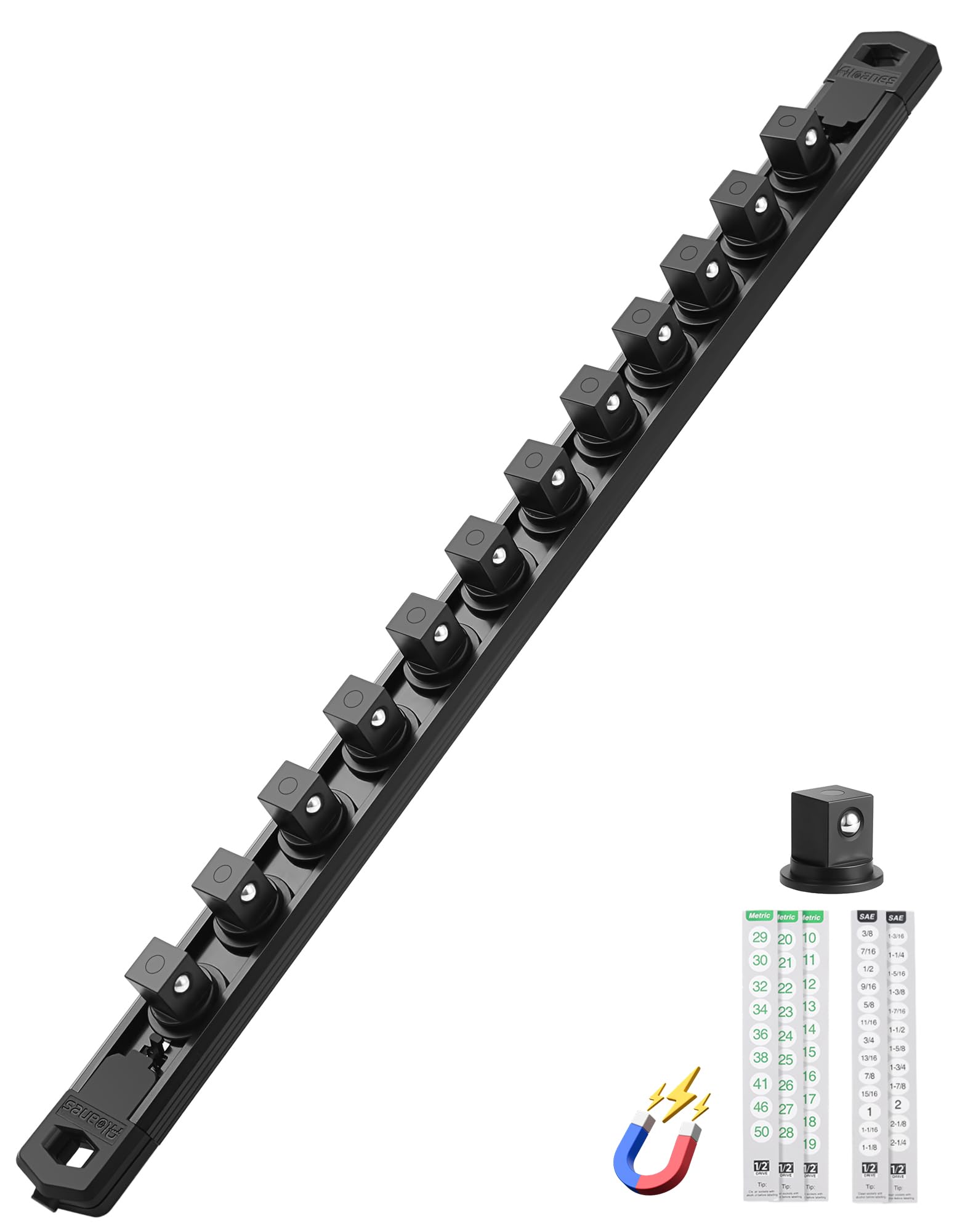 ALOANES Magnetic Socket Organizer, 1/2" Rail 12 Clips (Black, 1PC)