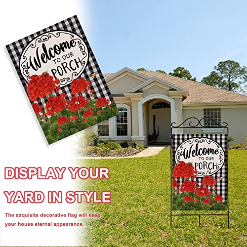 Covido Home Decorative Welcome To Our Porch Geranium Spring Summer House Flag, Flower Black White Buffalo Plaid Check Garden Yard Outside Decoration, Fall Autumn Farmhouse Outdoor Large Decor 28X40 #TOP5