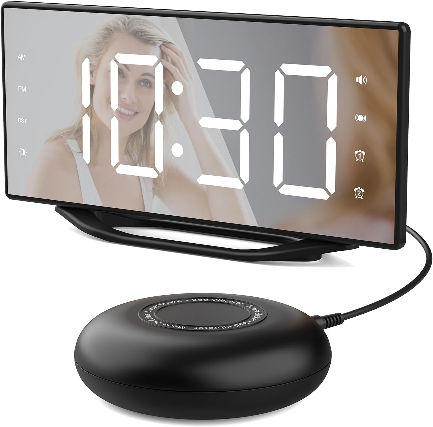 OnLyee Vibrating Alarm Clock with 8.7” LED Mirror for Heavy Sleepers & Hearing Impaired, Bed Shaker & 3 Wake-Up Modes, Dual Alarms, USB Charging, Adjustable Brightness, Snooze Function