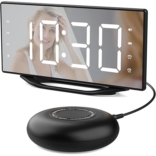 Vibrating Alarm Clock for Heavy Sleepers & Hearing Impaired - 8.7" LED Mirror, Bed Shaker, 3 Wake-up Modes, Dual Alarms,USB Charge, Adjustable Brightness, Snooze Button – Perfect for Deep Sleepers