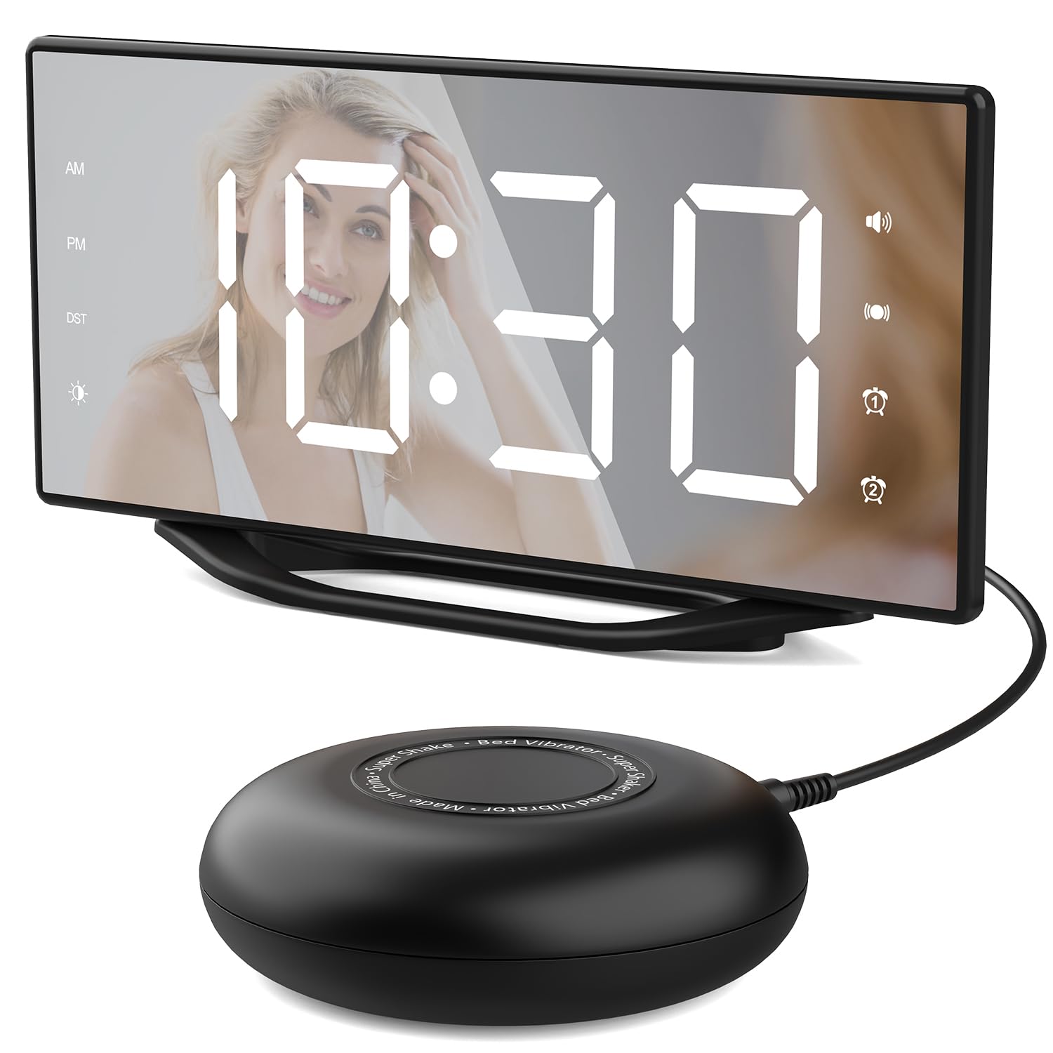 Vibrating Alarm Clock for Heavy Sleepers & Hearing Impaired - 8.7" LED Mirror, Bed Shaker, 3 Wake-up Modes, Dual Alarms,USB Charge, Adjustable Brightness, Snooze Button – Perfect for Deep Sleepers