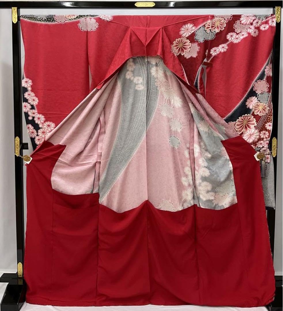 振袖 仮絵羽 未仕立て品 八掛付き 正絹 滝泰 赤系 絞り 【公式通販】