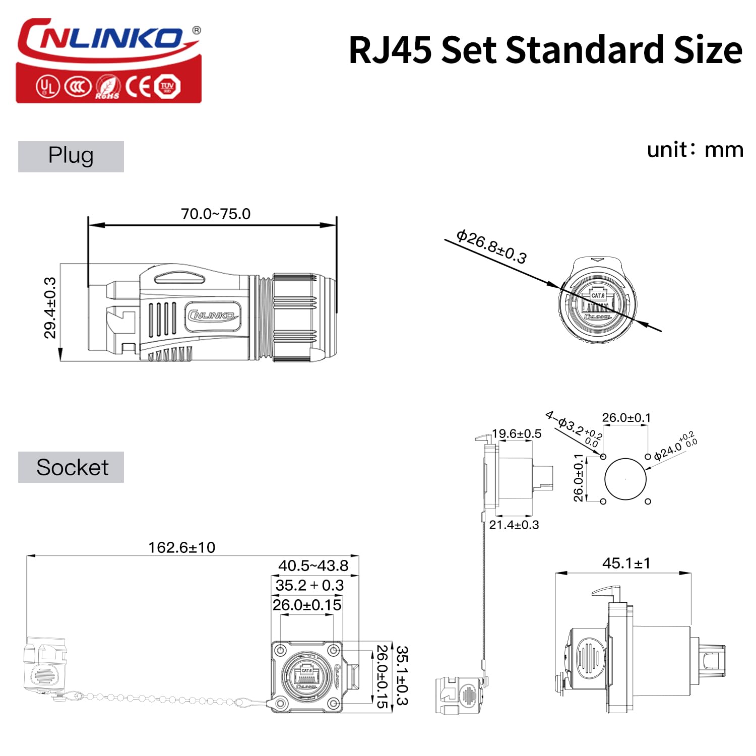 CNLINKO BD-24 Connettore RJ45 a Doppia Porta 8P8C, Ethernet CAT6, Presa a Pannello, Impermeabile IP68, M24 (Set RJ45)