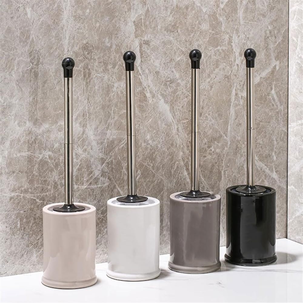 Cepillo para Inodoro Escobilla de baño con Mango de Acero Inoxidable extraíble, Juego de portaescobilla Redondo de cerámica, Cabezal de Cepillo de plástico Blanco Cepillo de baño