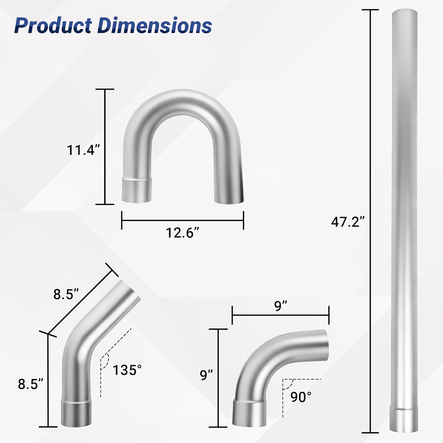 Universal 3'' Custom Exhaust Kit, 18 Gauge Mild Steel DIY Custom Exhaust Tubing Pipe, Straight Pipe & Mandrel Bend Pipe Kit, 8Pcs