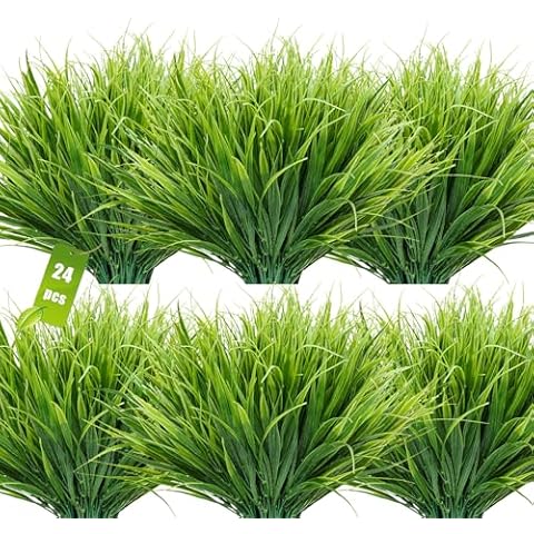 JIFTOK Artificial Plants Outdoor Fake Wheat Grass Stems, 24 Pcs UV Resistant Artificial Greenery, Fake Grass Faux Spring Greenery Stems Shrubs Bushes for Home Vase Pot Box Porch Outdoor Decor Cover