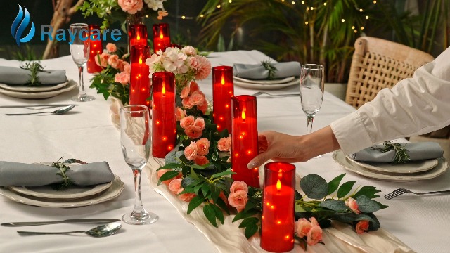 Image of Raycare Flameless Candle with Remote Timer - 5 Flickering Acrylic Battery Operated LED Pillar Candles with Embedded Star String for Halloween, Home Decor, and as a Gift(Red)