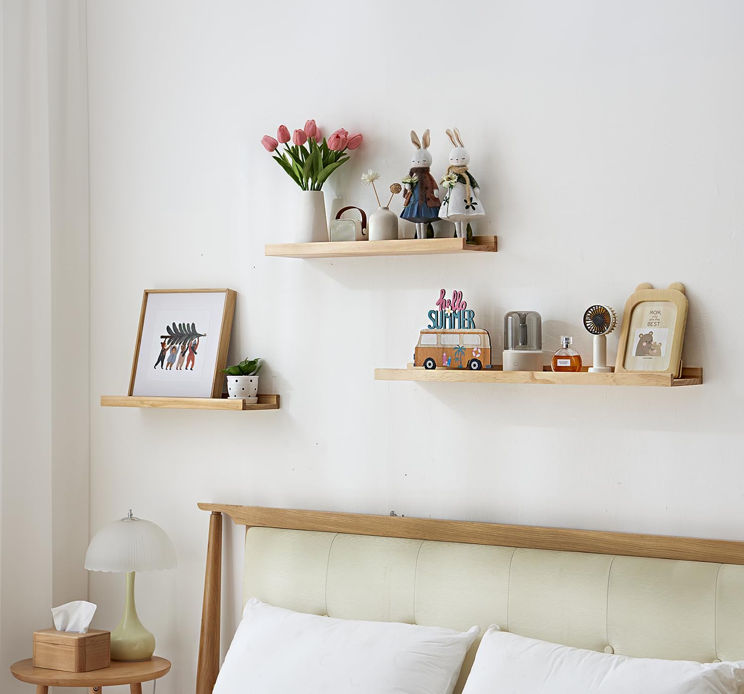 30cm Mensola da Muro in Pino Legno, Set di 2 Mensola da Parete per Foto Decorazioni, Mensole Sospesa in Rovere Massiccio per Casa, Ufficio, Camera da Letto, Soggiorno, Cucina (60 x 15 cm)