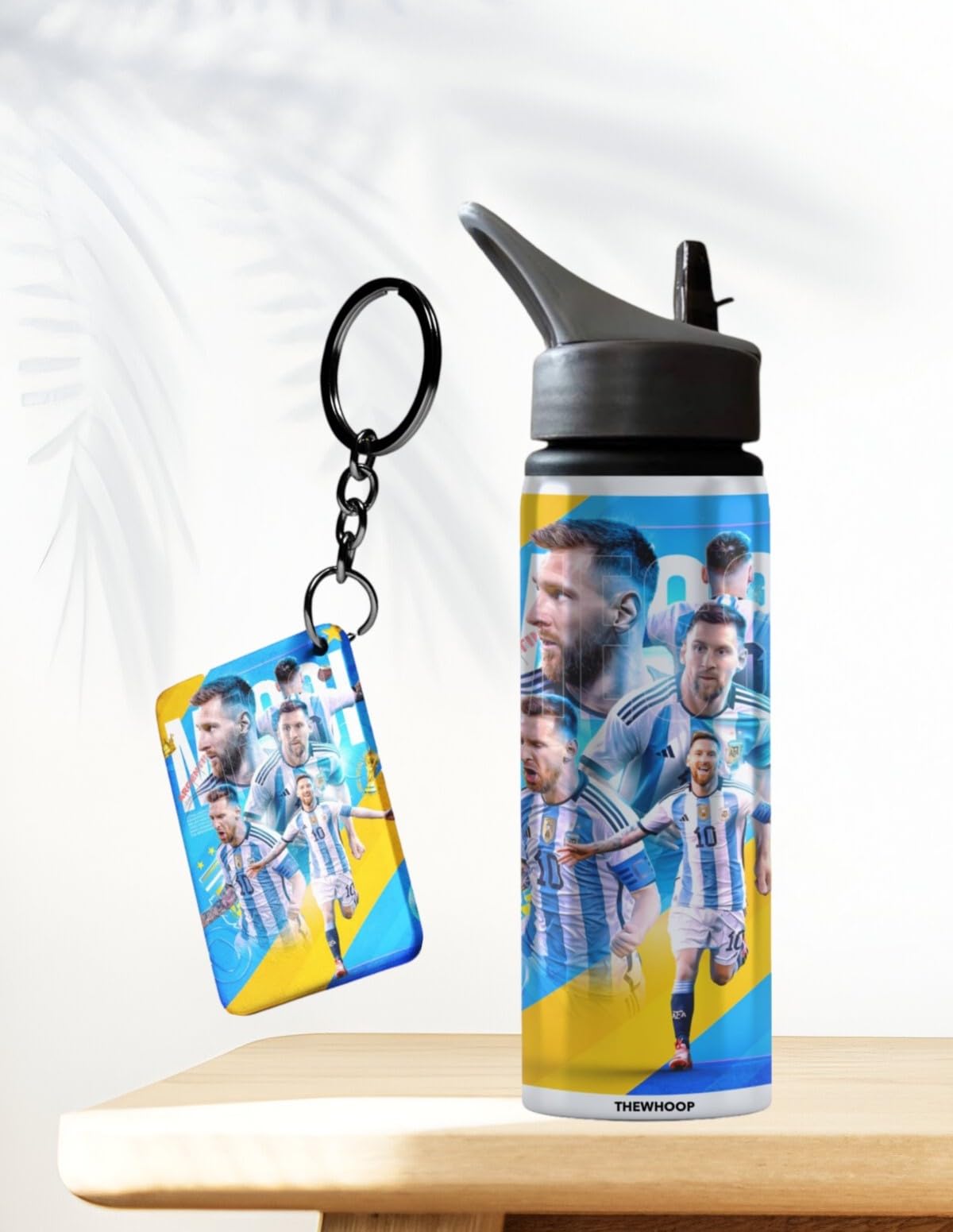THEWHOOP Lionel Messi Printed Sipper 750ml Aluminium Bottle & Keychain Combo with Holding Grip Feature | Office, Gym & School Water Bottle Best Gift Lionel Messi Football Sports Fans (Blue)