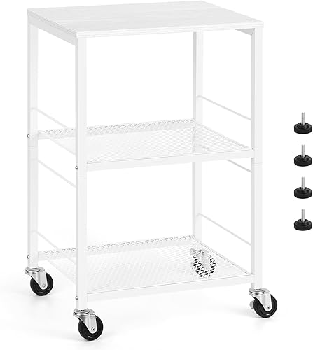 ETELI Mesa auxiliar de 3 niveles, pequeña con ruedas, mesa auxiliar con estantes de almacenamiento, mesita de noche blanca para cocina, dormitorio,