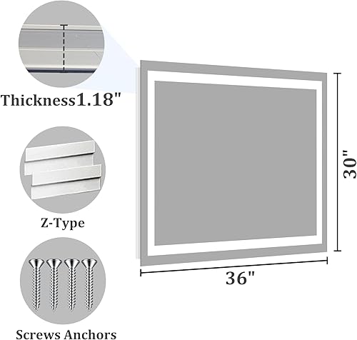 Miniatura 8 de Koonmi Espejo de baño LED de 30 x 36 pulgadas, retroiluminado + frontal iluminado, espejo de baño LED con luces para pared, 3 colores, antiniebla,
