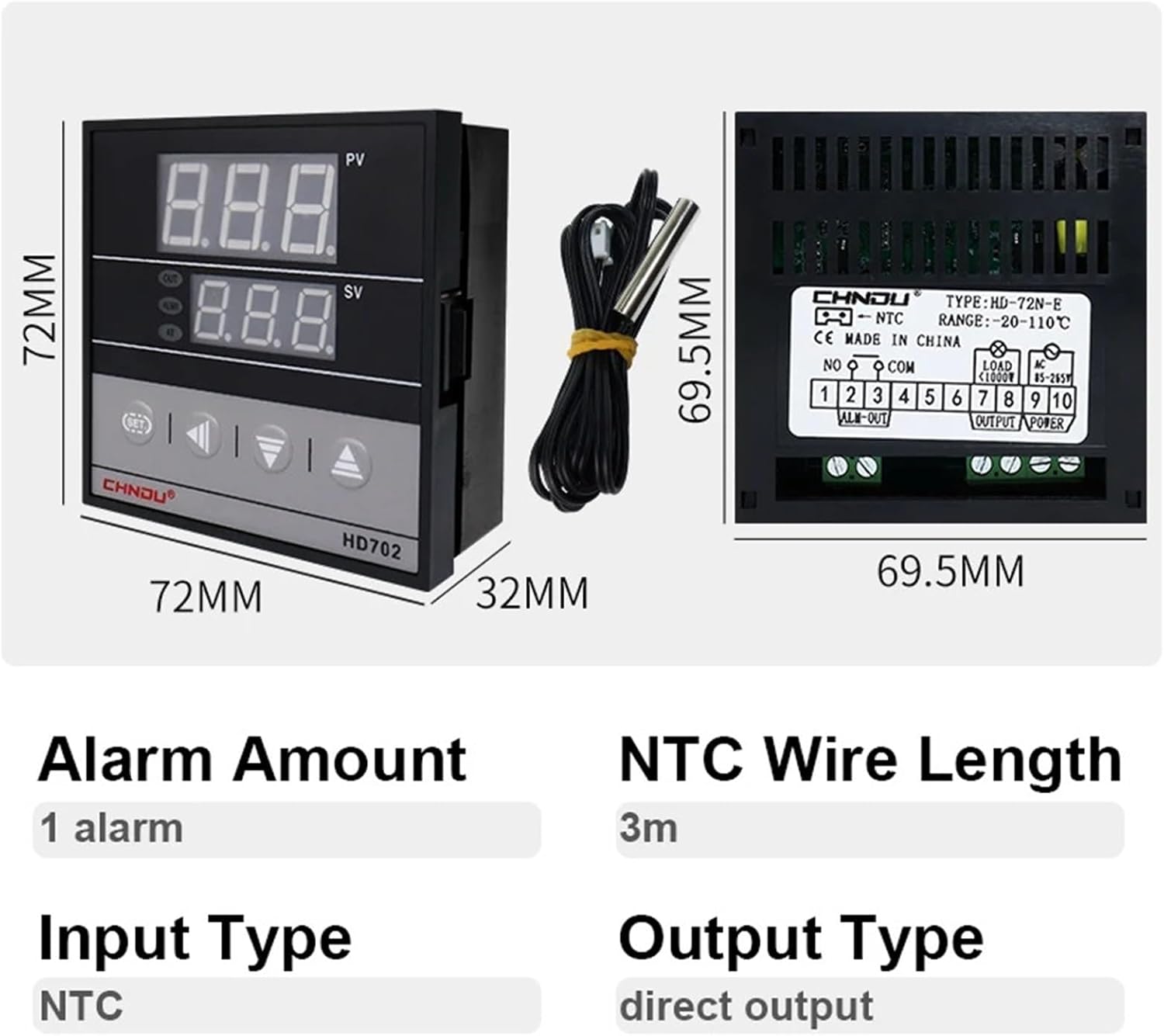 Pid Temperature Controller HD702 Digital Temperature Control Thermostat Thermoregulator 85-265vac with NTC Sensor 1m/3m(1 Alarm with 3m NTC)