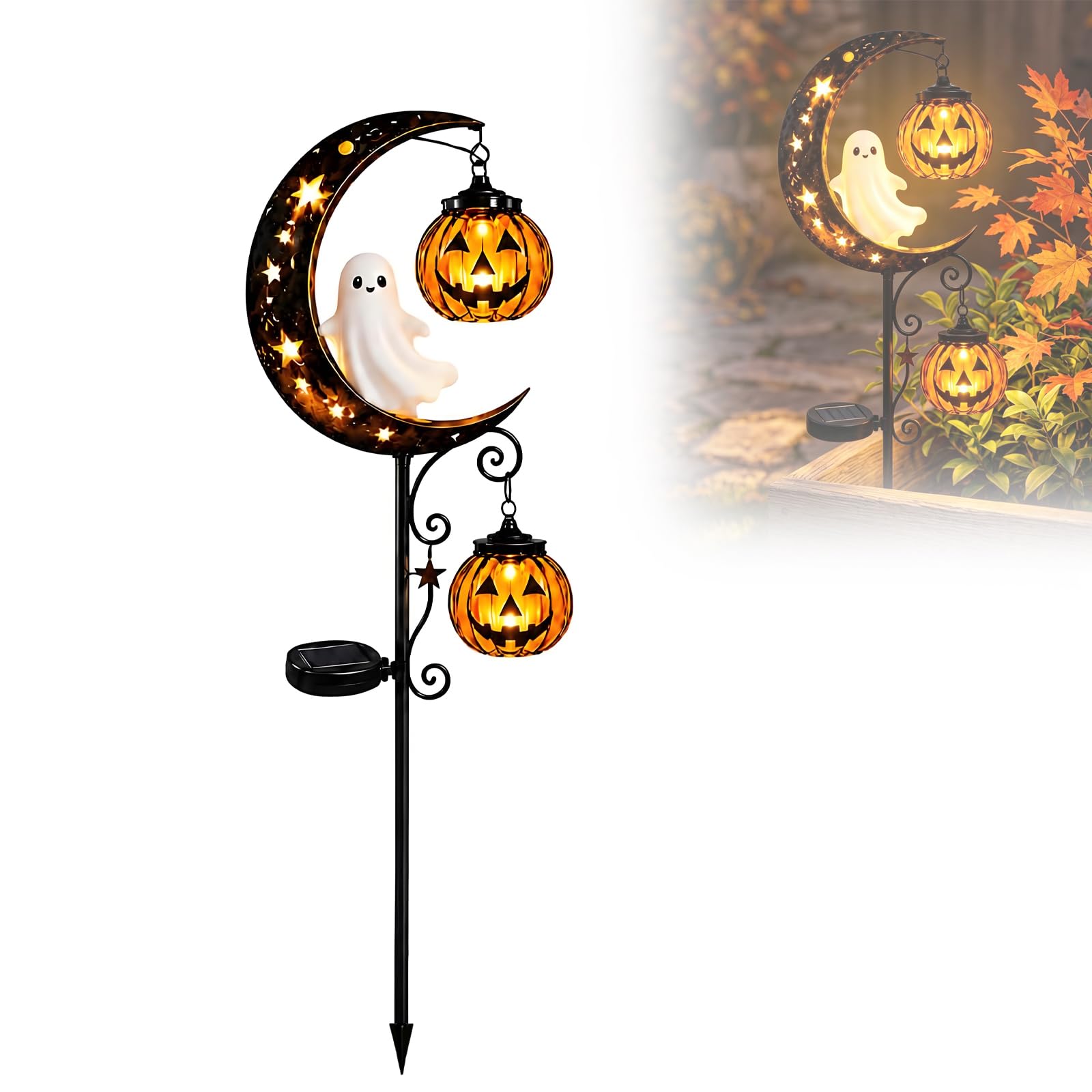 Solar Halloween Black Cat & Pumpkin Moon Garden Stake Light, Outdoor Waterproof LED Yard Decoration, Hanging Lantern Lantern for Garden, Patio, Walkway, Porch (Ghost)