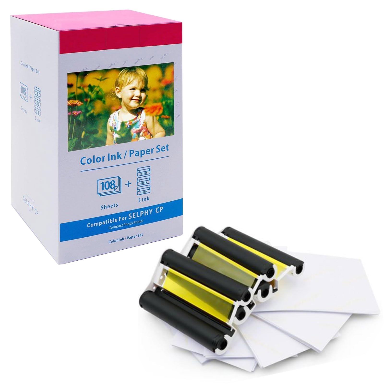 Nineleaf Color Ink and Paper Set Replacement Compatible for Canon KP-108IN KP108 Includes Total of 3 Color Ink Cassette and 108 Sheets 4 x 6 Paper