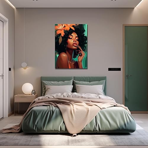 Miniatura 5 de LZIMU Arte de pared afroamericano con flores sobre lienzo para mujeres y niñas negras, impresiones abstractas de niña para dormitorio, decoración