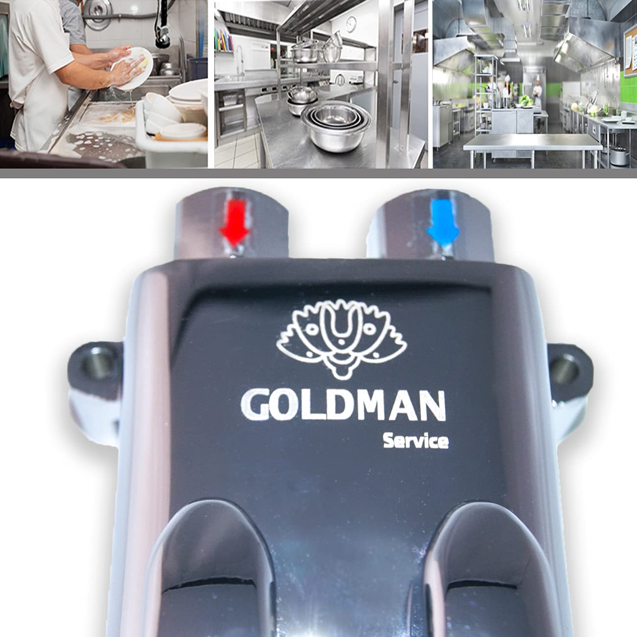 GOLDMAN SERVICE | Rubinetto a pedale miscelatore due acque per lavelli industriali alberghieri, lavamani a pedale, rubinetto in piedi con due pedali pulsanti di acqua calda e fredda