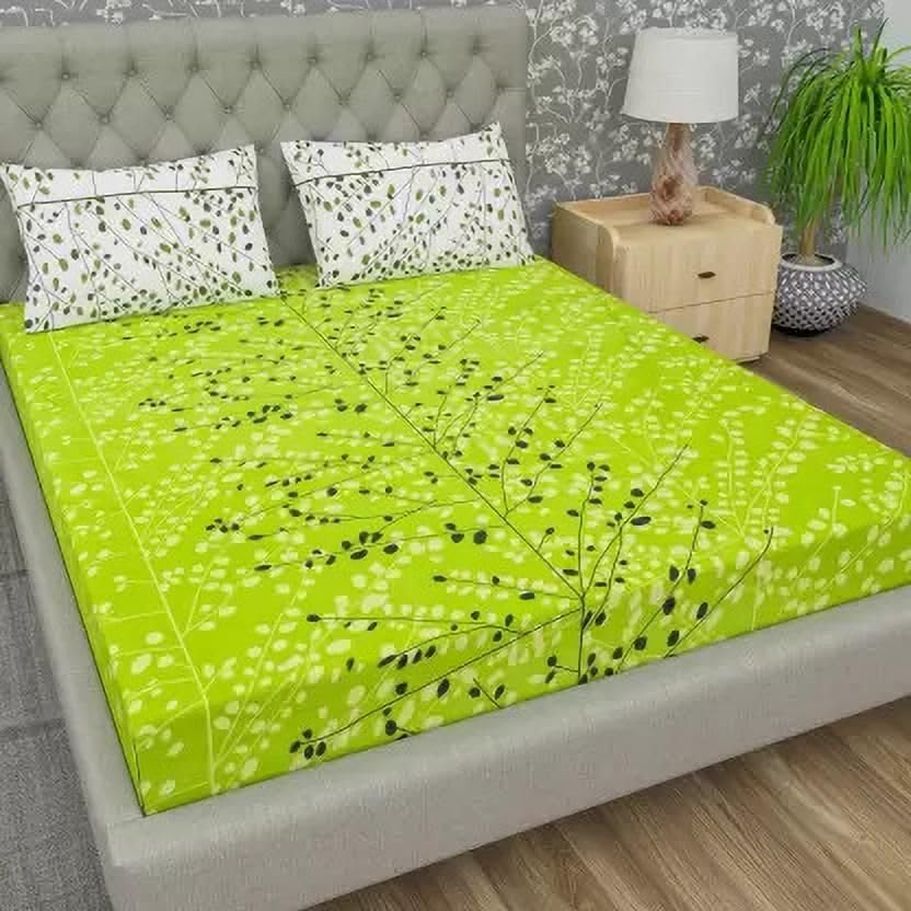 Image of La Verne144 TC 100% Cotton King Size Jaipuri Rjasathani Print Bedsheet with 2 Pillow Covers (Green)
