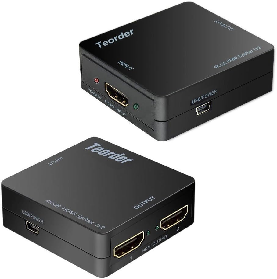 HDMI Splitter 4k,Teorder HDMI Splitter 1 input 2 output,Hdmi to Hdmi 2 Ways Switch Box, HDMI Powered Adapter, 4K 2K Dual Distribution Amplifier, Splitter V1.4 Certified Hdmi with Ultra HD 3840x2160/30Hz, 3D Resolutions, HDCP V1.4 Support for PC, Notebook, Laptop, PS4, PS3, Xbox, Apple TV, Set-top Box , Black