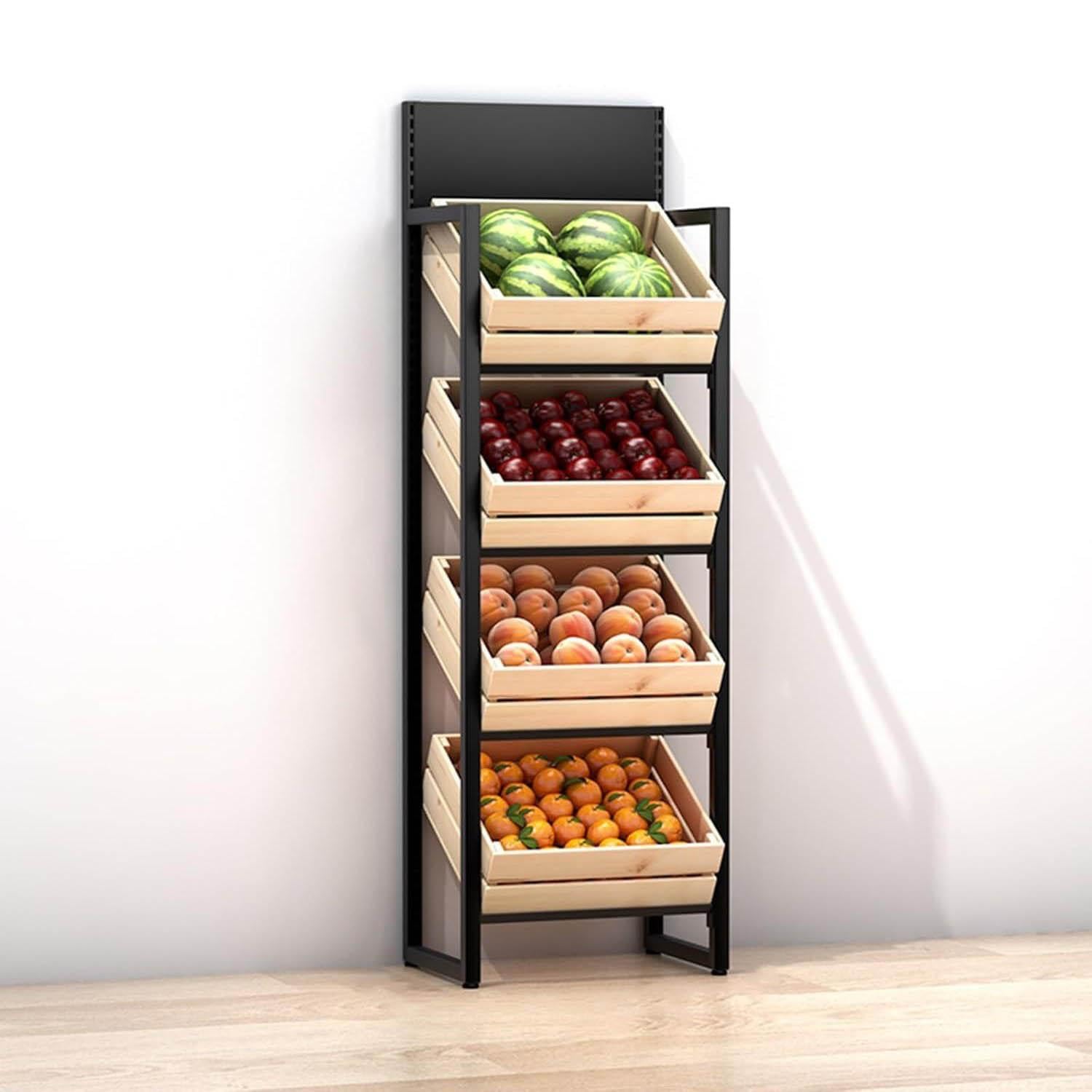Scaffale per frutta e verdura, espositore per snack a 4 ripiani con cestini in legno, supporto per cipolle e patate, grande capacità