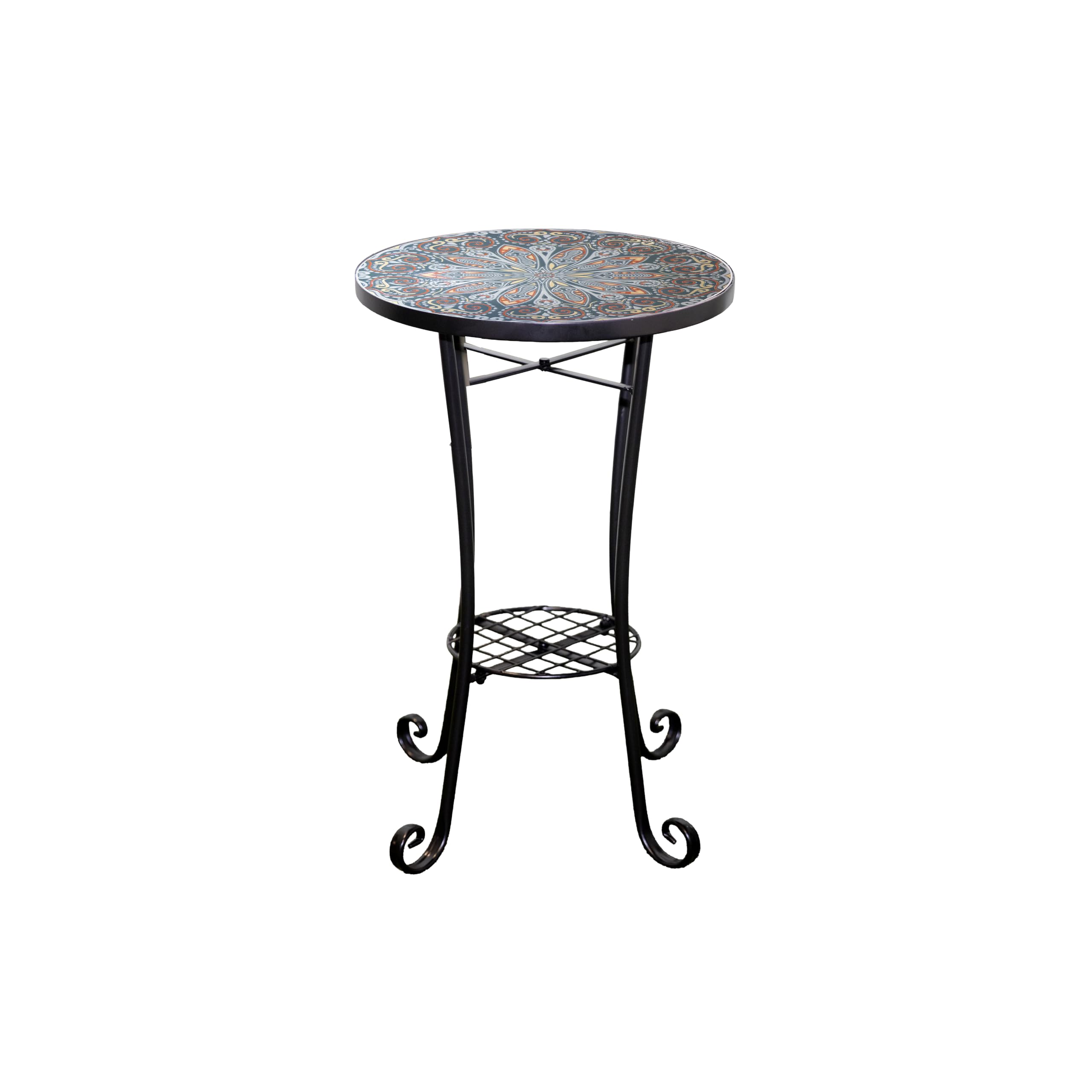 Mosaic Garden Table Outdoor Plant Stand 35cm with Shelf - Metal Ceramic Tile Top - Cairo Round Small Accent Side Table for Balcony, Terrace, Porch, Garden, Patio, Plant Display and Home Décor