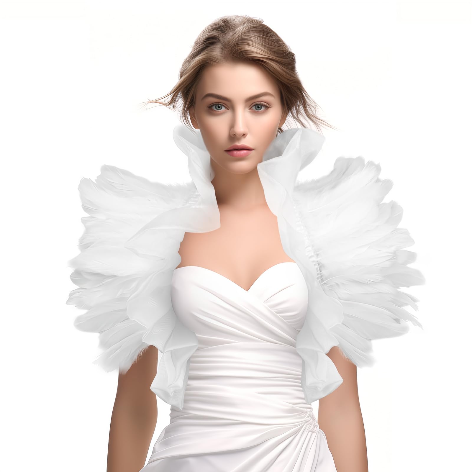 JPXH Gothic Mesh Feather Shrug Cape Shawl Halloween Costume for Adult (white)