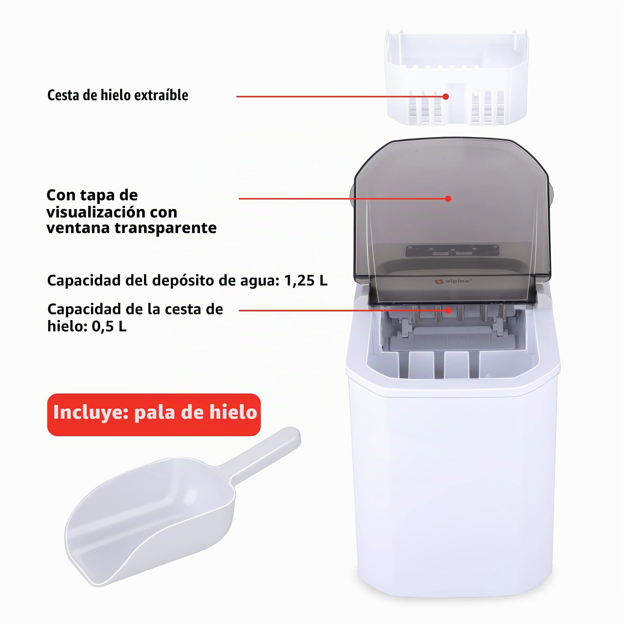 alpina Maquina de Hacer Hielo - Fabricadora de Cubitos de Hielo - Bloques de Hielo de 2 Tamaños - Producción en 10-12 minutos - Tapa Transparente - Blanco