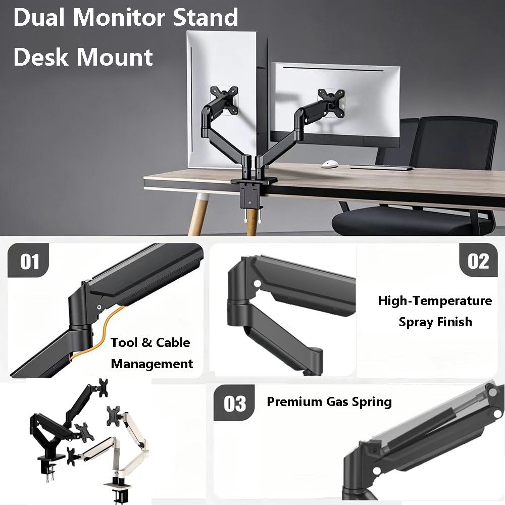 Supporto Per Doppio Monitor, Braccio Ergonomico Da Scrivania Per Monitor Da 17 A 32 Pollici – Portata Fino A 10 Kg (22 Lbs) – Regolabile In Altezza, Girevole, Inclinabile E Ruotabile Black