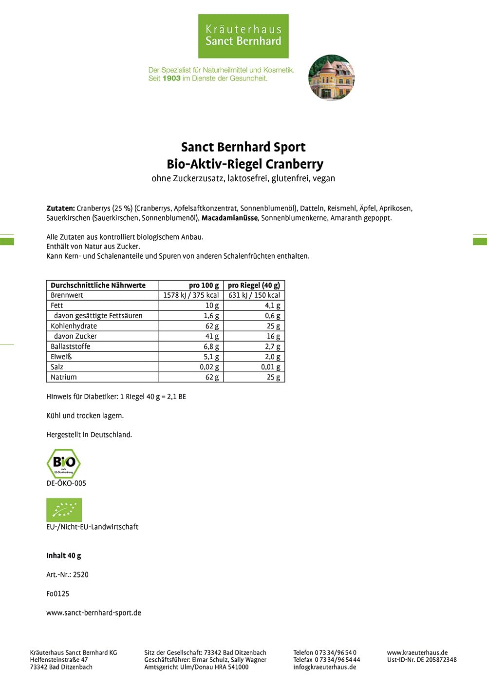 Sanct Bernhard Sport Bio-Aktiv-Riegel Cranberry | Rohkost Fruchtriegel | Energie zum Radfahren, Laufen & Ausdauersport | 11x 40g