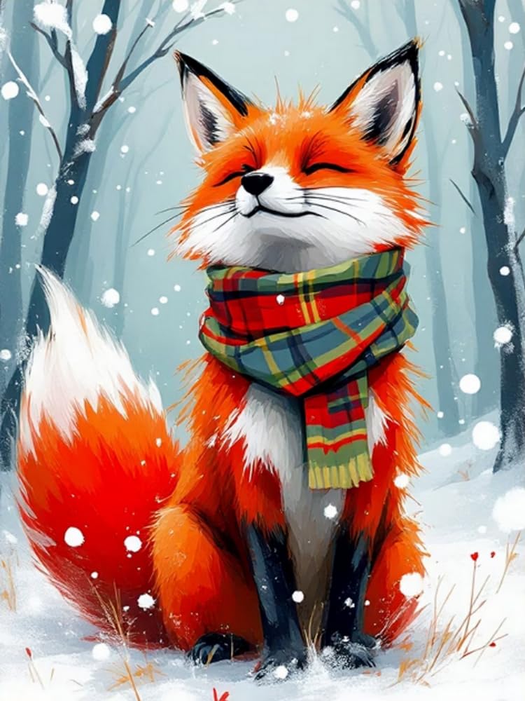 Renqidian 5D Adults Diamond Painting Kits Snowflakes and Fox Round Crystal Rhinestone Painting by Numbers Diamonds Arts Craft Living Room Decor 40x50 cm