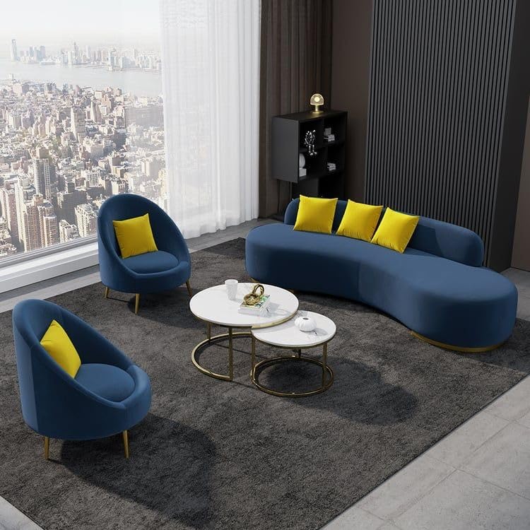 Image of LEGACY OF COMFORT Tara Upholstered Curved Sofa Living Room Set 3 Seater Sofa with 2 Chairs (Blue)