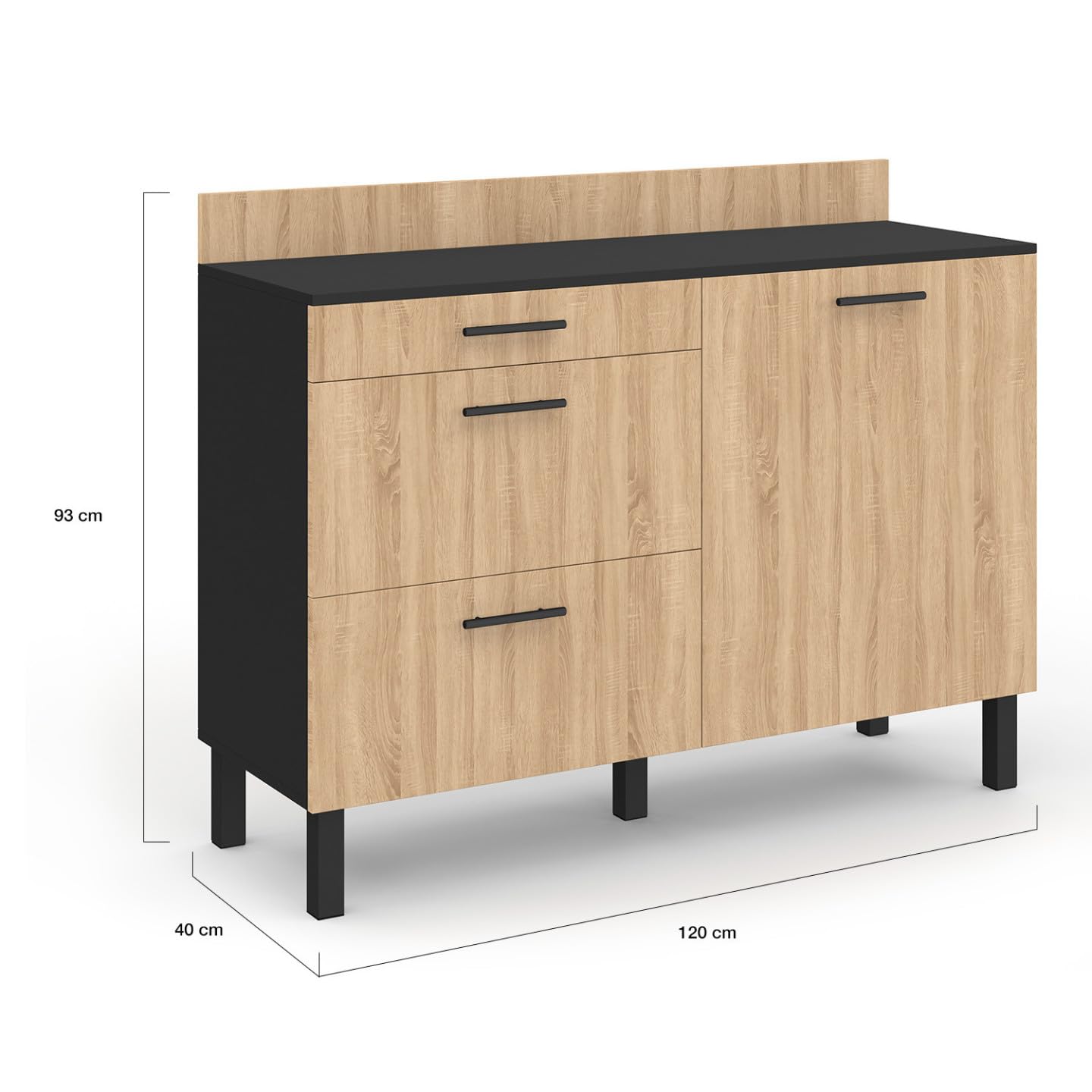 IDMarket - Buffet Bas casserolier de Cuisine 120 cm CINA Plan de Travail H.83 cm 1 Porte + 3 tiroirs Noir et façon hêtre