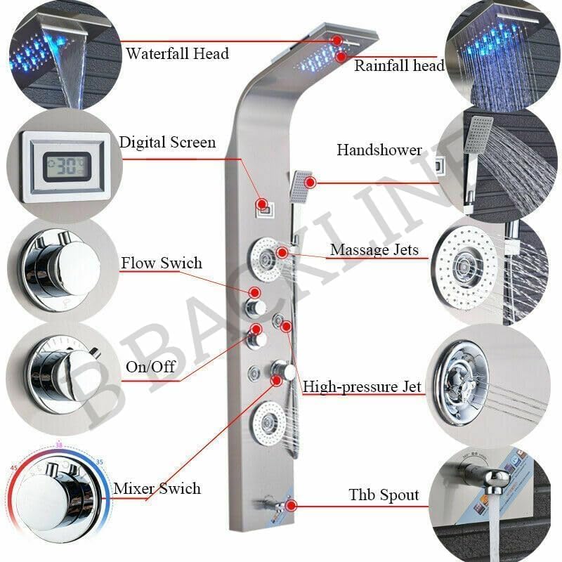 Image of Shower Panel For Bathroom Full Set Stainless Steel 304 Grade | 6 in 1 Shower System With Rainfall Shower, Temperature Display, Body Massage, Spout, Body Jet, Hand Shower (Brushed Matt)