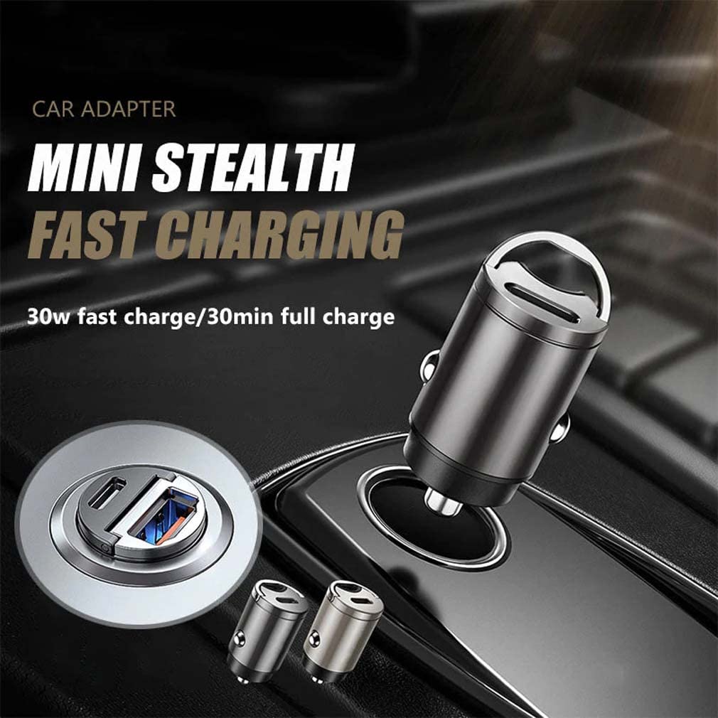 Mini Stealth Caricatore Auto 30W – Doppia Porta USB Ricarica Rapida, Caricabatterie Per Accendisigari. Design In Lega Di Zinco, UltraCompatto. Nero.