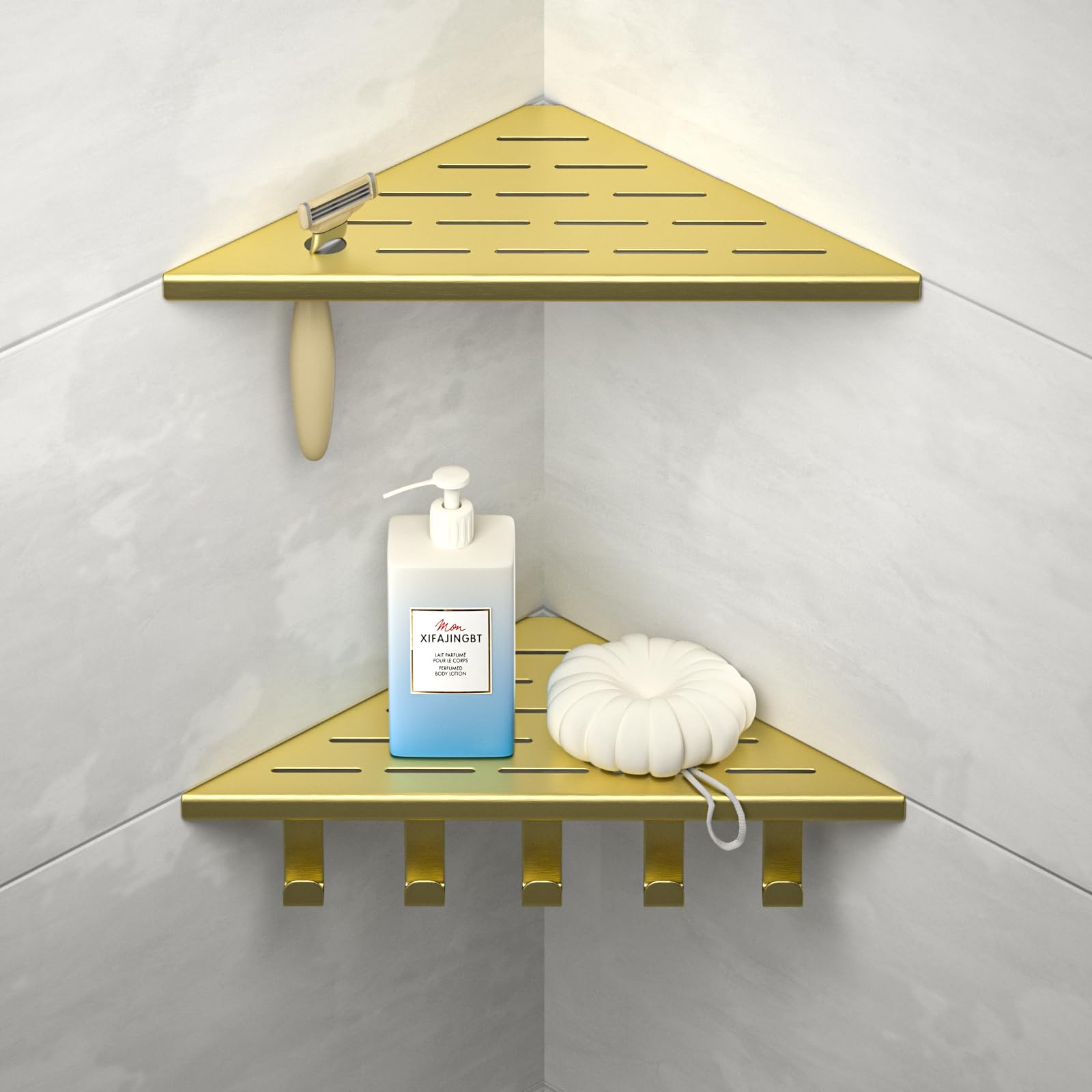 Estantería esquinera de Ducha con Ganchos de Acero Inoxidable 304, para Paredes de Azulejos, empotrable, para renovación de baño,el Dorado | Estante de ducha de 25,4 cm para renovación de baño, estante de esquina para pared de azulejos, color dorado