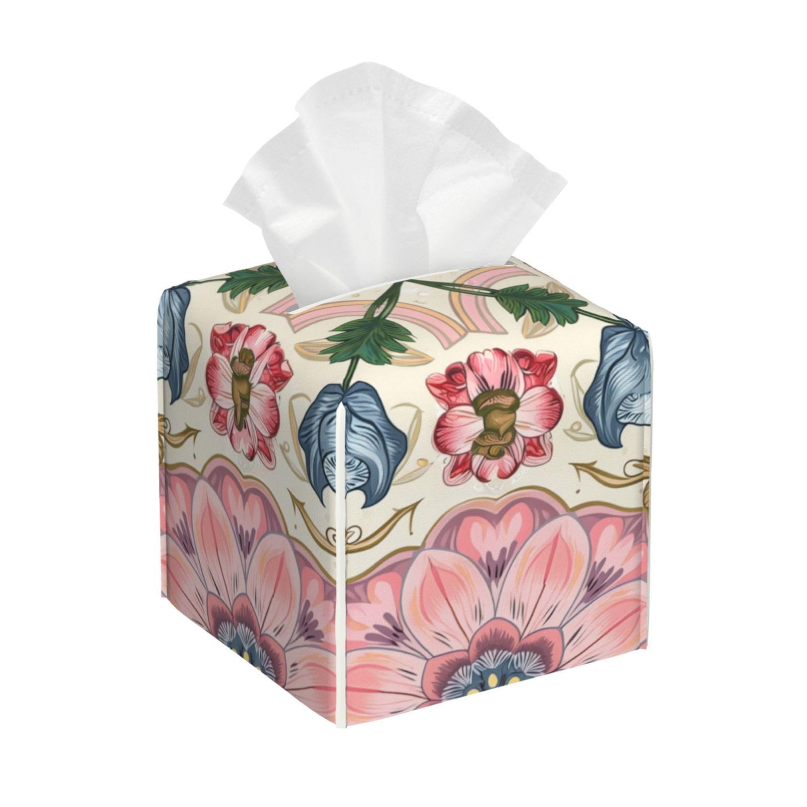 Decorative Square Tissue Box Cover, Floral Pattern, Black and Gray Roses, PVC Leather, Waterproof Lightweight, Tissues Holder with Storage (Royal Pink B)