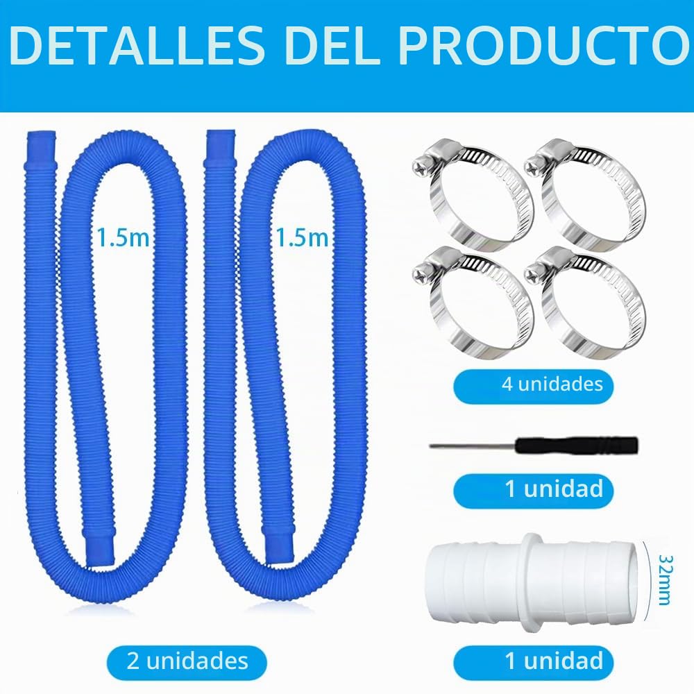 Tubo Piscina 32mm, 2pcs 150CM, Repuesto Manguera de Bomba para Piscinas Elevadas, con 4 Abrazaderas de Metal